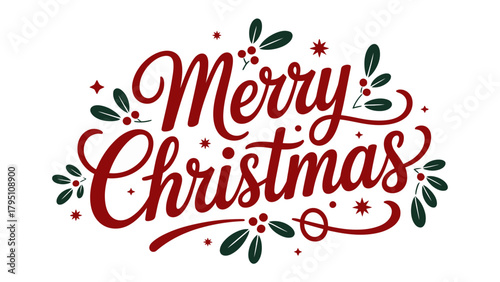 Merry Christmas Wishes: Festive lettering of Merry Christmas, interwoven with holly branches, and berries. creating a joyful and celebratory feel, ideal for greeting cards, invitations.