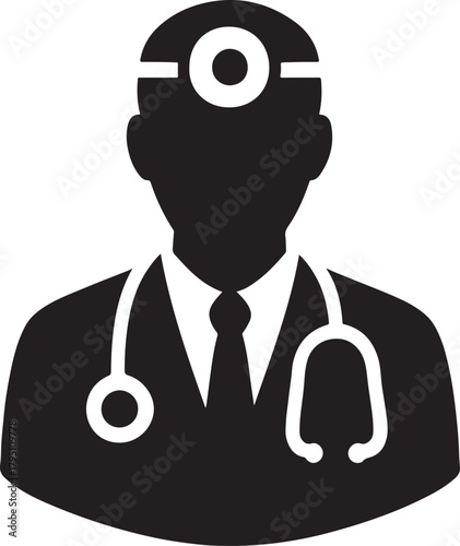Doctor icon silhouette with head mirror and stethoscope for medical services