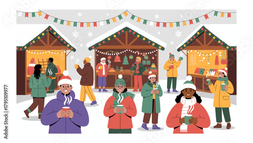 Winter Market Scene: A bustling winter market, animated with diverse shoppers enjoying hot drinks and browsing festive stalls adorned with twinkling lights and seasonal decorations. 