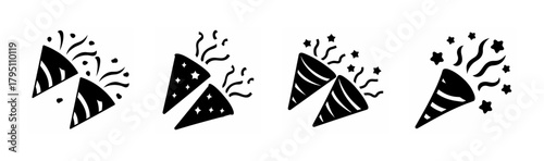 Celebration party popper icons set with exploding confetti and stars