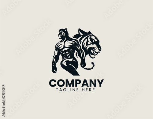 Tigerman character stands proudly showing strong identity in bold black vector logo design