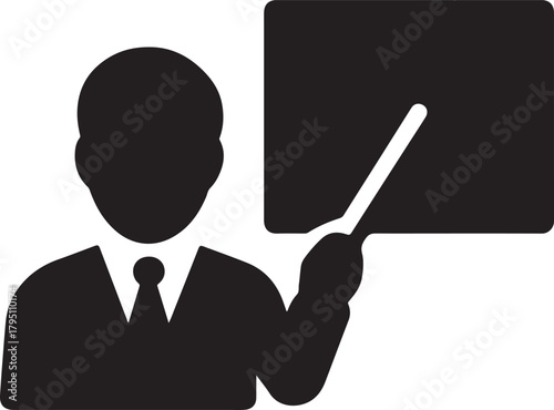 Professor presenting with pointer stick at whiteboard, teaching icon design