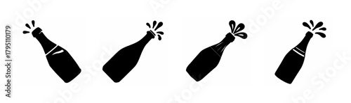 Champagne bottle popping, celebration, party, new year's eve vector icons