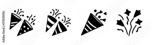 Party popper and confetti icons set, celebration, festive event symbols