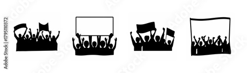 Crowd silhouette protesting with flags and signs, vector illustration set.