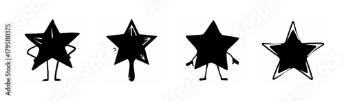 Hand-drawn black stars with playful cartoon arms and legs, graphic doodles