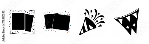 Celebration and photography icon set with party popper, banner, and frames