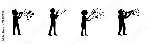 Celebration party people silhouettes with noise makers, festive crowd blowing horns and whistles, set of 4 black vector icons