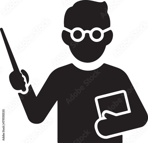 Educator icon with pointer and book, representing teaching and learning