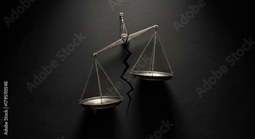 Symbolic scales of justice fractured on dark textured background, representing legal issues, decisions, and conflict resolution in business and society