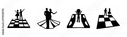 Stylized dance performance and event figures on checkered stages set