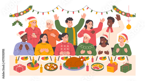 Holiday Feast Gathering: A vibrant illustration captures the essence of holiday cheer, showing a diverse group gathered around a festive dining table filled with a delightful array of culinary treats.