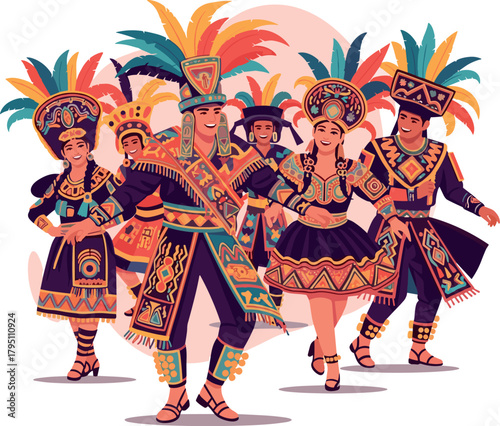 Peruvian dancers in vibrant Candelaria festival costumes, flat vector