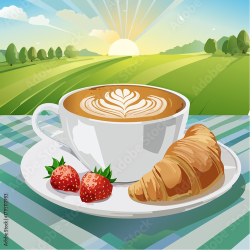 A picturesque morning illustration featuring a warm latte with art, a golden croissant, and fresh strawberries, set against a vibrant sunrise illuminating green hills