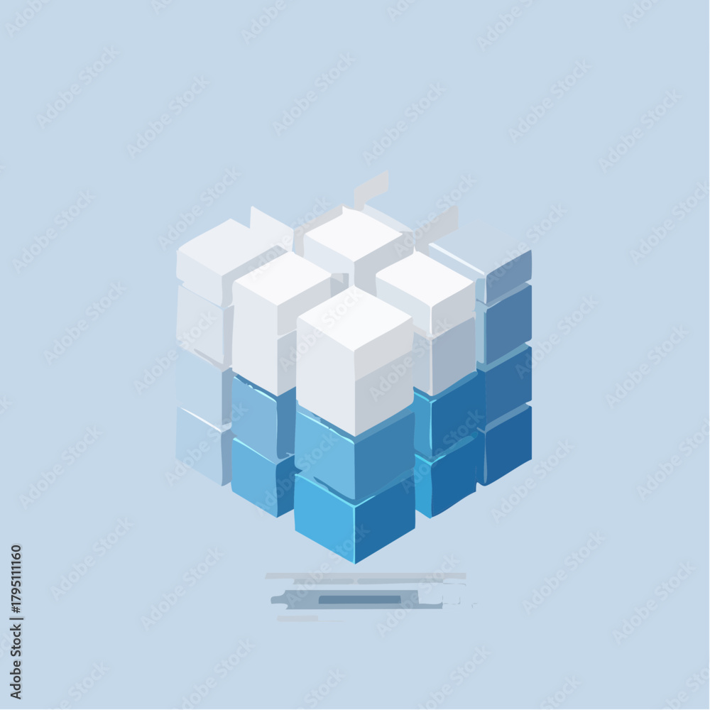 Obraz premium Dynamic isometric representation of stacked blue and white blocks, symbolizing digital information architecture, structured data networks, and foundational elements of modern technology