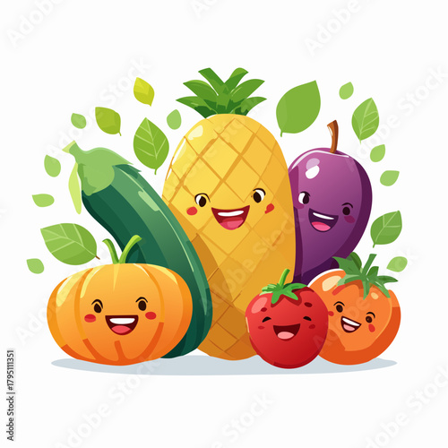 A delightful group of cartoon fruits and vegetables with happy smiling faces, including a pineapple, pumpkin, and tomatoes, promoting healthy eating