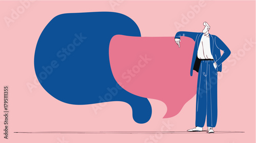 Business figure standing beside oversized speech bubble for communication, dialogue and marketing visuals