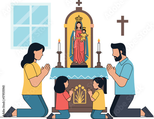 Family prays before altar in a flat design style