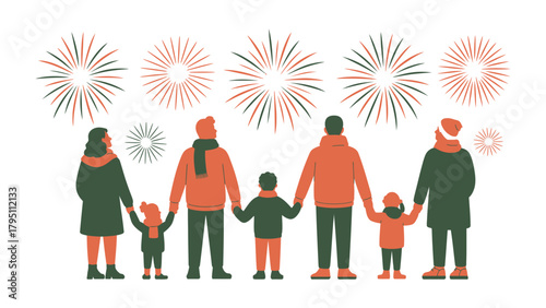 Festive Family Spectacle: A family stands together, hand in hand, admiring a radiant fireworks display, creating a sense of unity and shared celebration in a moment of pure joy.