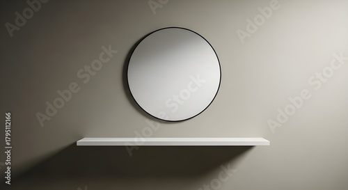 modern round mirror white floating shelf empty room decor