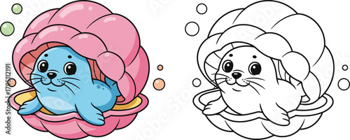 Adorable Baby Seal Resting in a Pink Seashell with Bubbles Cute Marine Vector Art