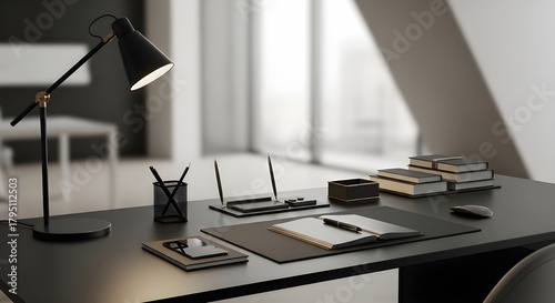 modern minimalist workspace with desk lamp and notebook