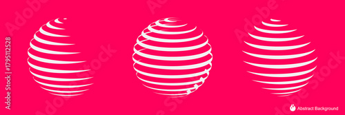 Abstract globe shapes with horizontal stripes on bright pink background modern digital design elements