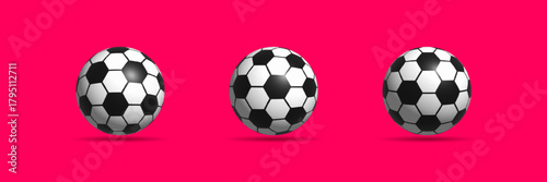 Soccer balls three black and white sports equipment on vibrant pink background vector illustration