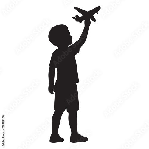 boy holding a toy airplane silhouette