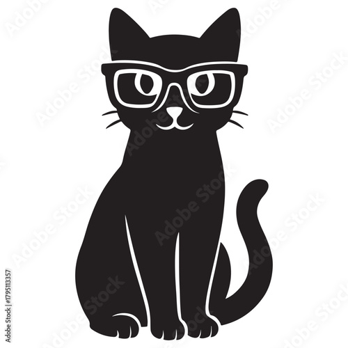 Intelligent Cat Wearing Glasses Silhouette Illustration