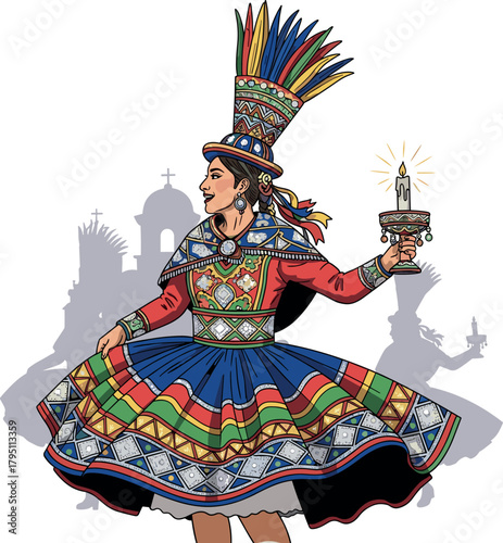 Peruvian dancer with candle in vibrant traditional costume