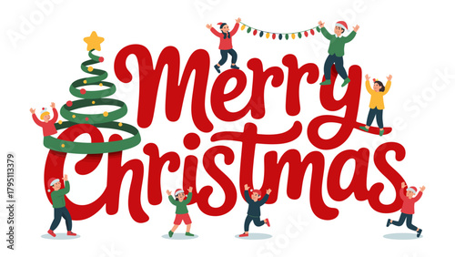 Christmas Cheer: A vibrant illustration of Merry Christmas adorned with festive children, a decorated tree, and joyful decorations, celebrating the spirit of the season.