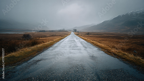 Mysterious rainy road journey scottish highlands landscape photography moody environment wide angle view adventure theme