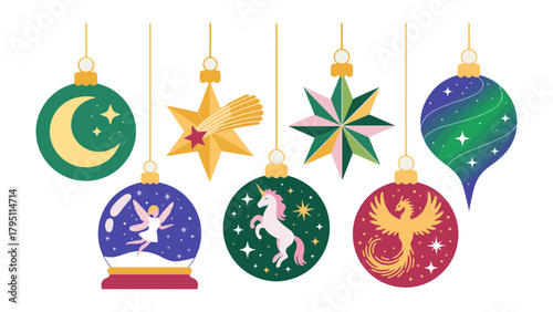 Festive Ornaments Display: A captivating collection of festive ornaments, each showcasing unique celestial and mythical themes, hangs together in celebration of holidays. 