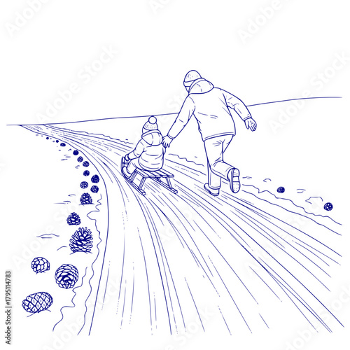 Father helping child on sleigh tracks in forest while walking in snowy landscape