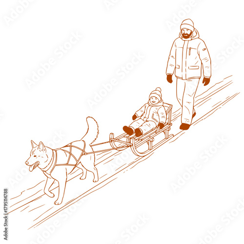 Man walking with child on sled pulled by dog in winter landscape - sleigh tracks in forest 