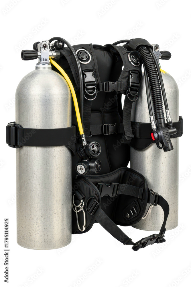 Naklejka premium Professional double tank scuba diving gear with regulators and harness on a transparent background