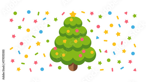 Festive Cheer: A vibrant Christmas tree stands amidst a flurry of colorful confetti, evoking a sense of celebration and joy.