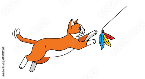 Playful Feline's Leap A Whimsical Illustration of a Cat Reaching for a Feather Toy with Delight