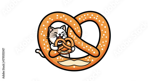 Adorable Cartoon Cat Devouring a Delicious Pretzel A Whimsical Treat Illustration