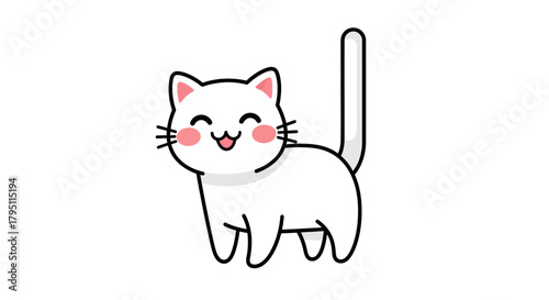 A charming and adorable white cat character smiling happily. This cute cartoon kitten is a simple kawaii style vector illustration isolated on a white background