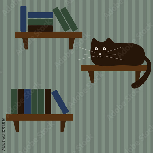 Vector illustration of funny black cat on bookshelf. Simple hand drawn art with silly black cat. Perfect kids bedroom interior poster design nursery art and child book illustration. EPS 10