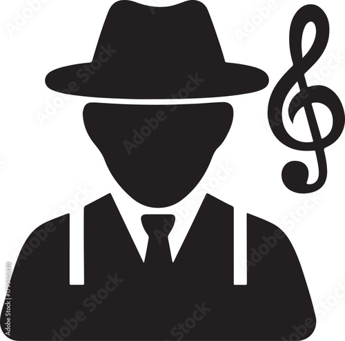 Stylish silhouette of a musician or secret agent with fedora, tie, and treble clef icon