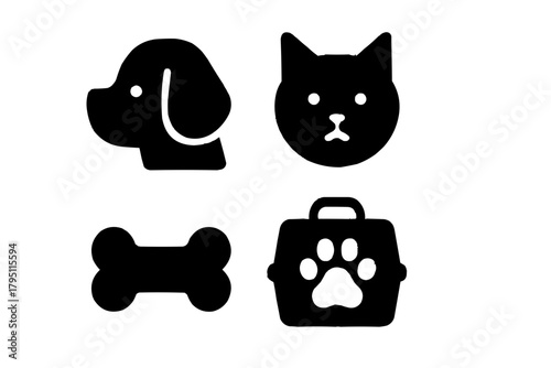 Whimsical pet care icons for playful designs, dog bone, kitty face, and pet carrier graphic