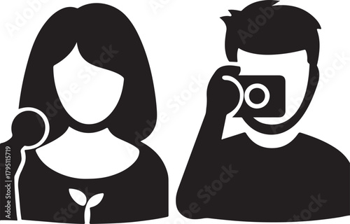 Media professionals: reporter, photographer, interview, news icon vector