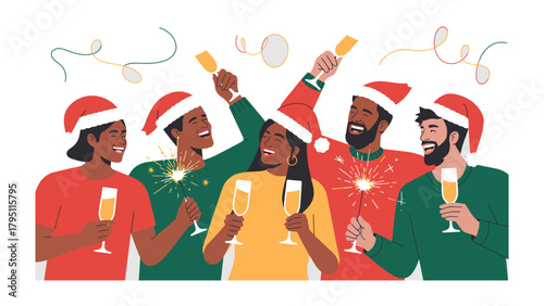 Foto Festive Toasting:  A joyful group of friends celebrates the holiday season together, raising glasses filled with champagne, and radiating warmth