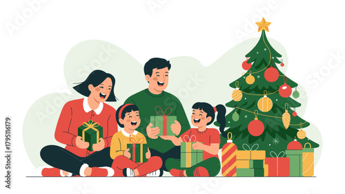 Family Christmas: A happy family gathers joyfully around the Christmas tree to exchange gifts. A scene filled with warmth and holiday spirit.