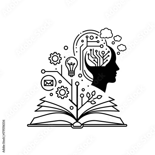 human head with circuit board over an open book for ai learning, digital education blogs, and future technology presentations