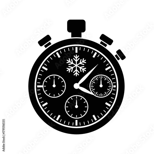 Stopwatch with snowflake symbolizing winter marathon race concept  