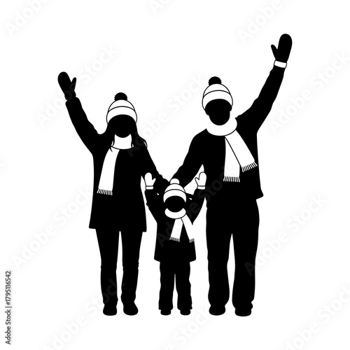 Family cheering together in winter outfits with mittens during race  